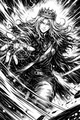 a black and white drawing of a woman with a sword