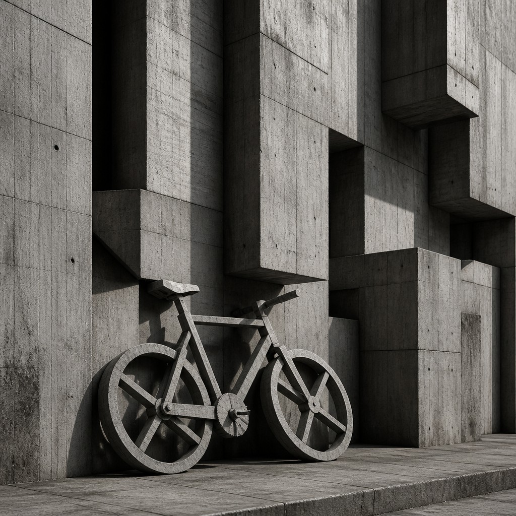 bicyle resting against a wall — Brutalist Architecture Art