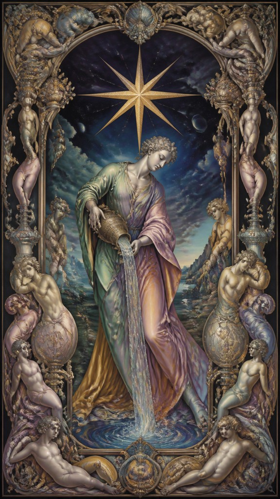 a robed figure pouring water beneath a large eight-pointed star in a night sky, symmetrical composition with an ornate decorative border, no text