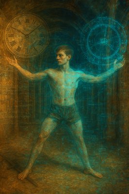 a painting of a man standing in front of a clock
