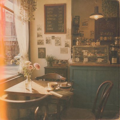 cozy cafe interior with warm lighting