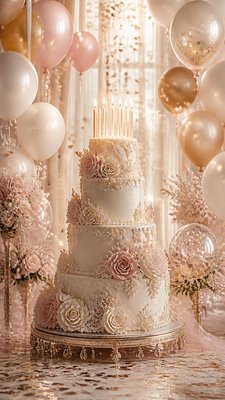 a birthday cake with lit candles surrounded by balloons and confetti, festive vertical composition, no text