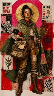 full-body original character: a wandering botanist with a satchel of plants, a patched green cloak, tall boots and round glasses, neutral background