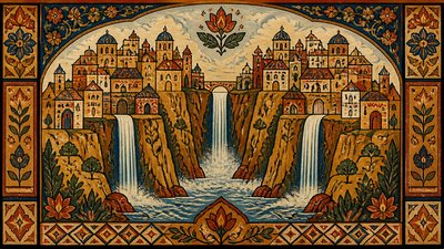 a cliffside city with waterfalls cascading into a misty canyon, wide establishing shot, no people, no text