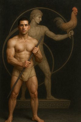 a painting of a man holding a stick next to a chicken