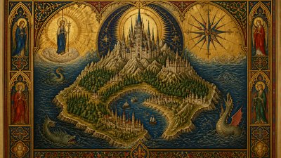 a map of an island realm with mountains, forests, a sheltered bay, sea monsters in the water and a compass rose, no text labels