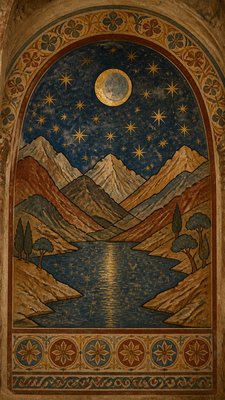a tranquil mountain lake beneath a starry night sky, no people, no text