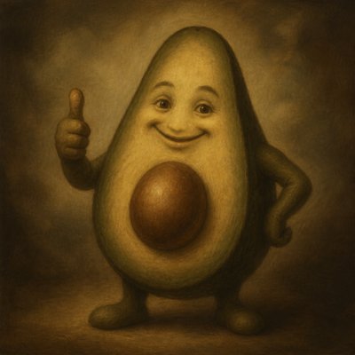 a happy avocado character giving a thumbs up, bold readable design on a plain background, no text