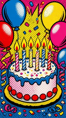 a birthday cake with lit candles surrounded by balloons and confetti, festive vertical composition, no text