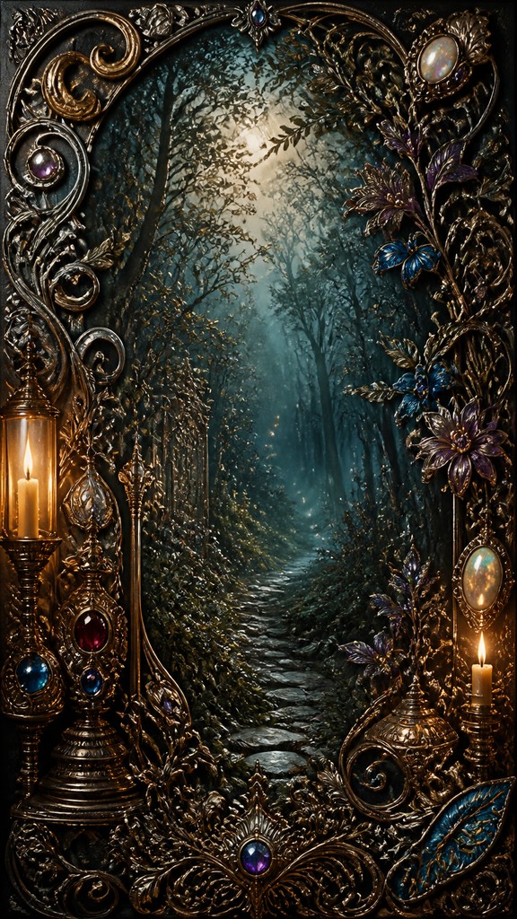 a mysterious forest path with fireflies and drifting mist, atmospheric vertical composition with open space at the top, no text
