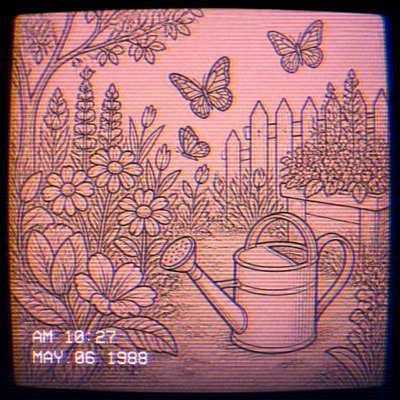 a garden scene with butterflies, flowers and a watering can, clean uncolored line art, no text