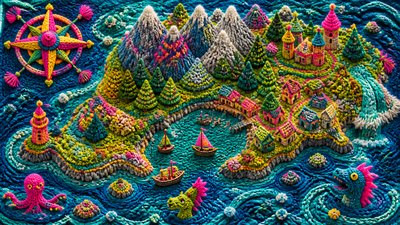 a map of an island realm with mountains, forests, a sheltered bay, sea monsters in the water and a compass rose, no text labels