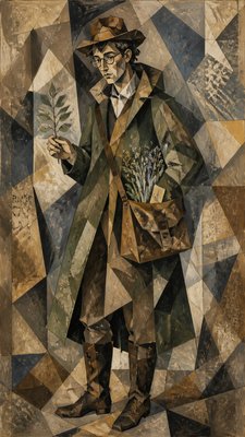 full-body original character: a wandering botanist with a satchel of plants, a patched green cloak, tall boots and round glasses, neutral background