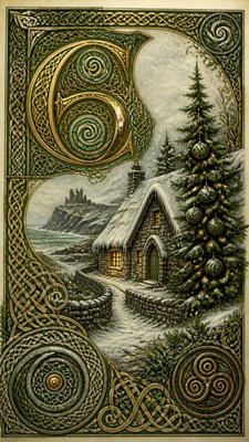 a snow-covered cottage with warm glowing windows beside a decorated pine tree, gentle snowfall, no text