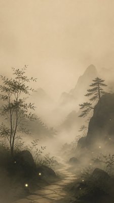a mysterious forest path with fireflies and drifting mist, atmospheric vertical composition with open space at the top, no text