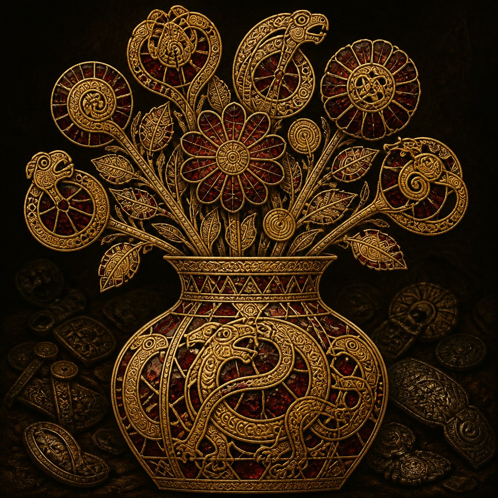 bouquet of flowers in a glass vase — Anglo-Saxon Metalwork Art Style