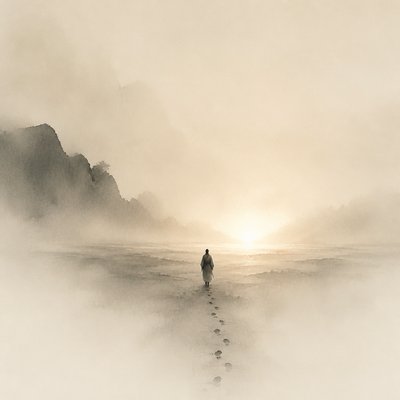 a solitary figure walking toward a glowing horizon across an empty plain, moody atmosphere, no text or lettering
