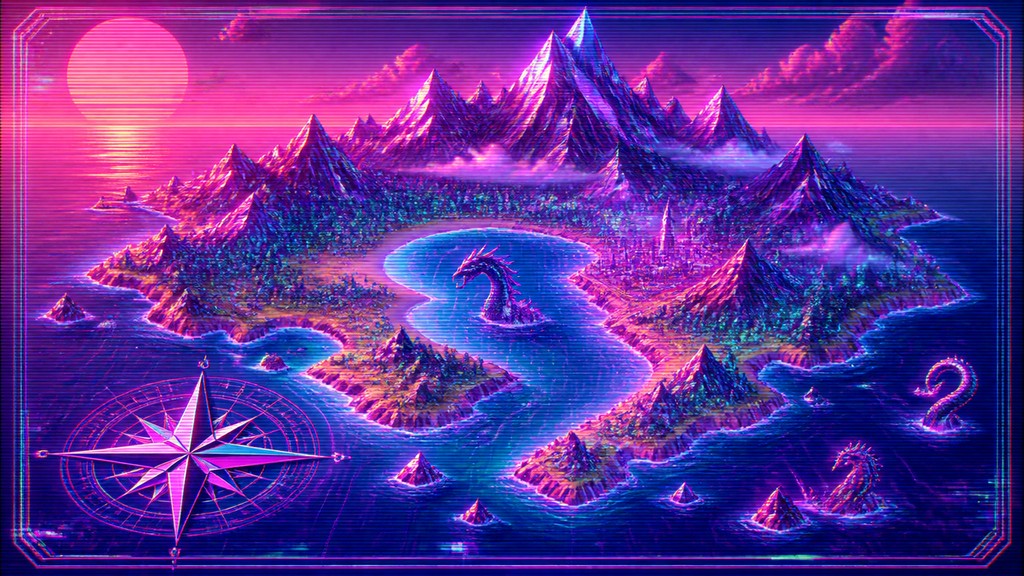 a map of an island realm with mountains, forests, a sheltered bay, sea monsters in the water and a compass rose, no text labels