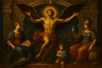 a painting of a man surrounded by angels