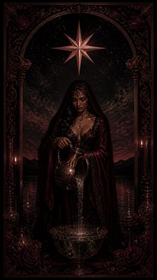 a robed figure pouring water beneath a large eight-pointed star in a night sky, symmetrical composition with an ornate decorative border, no text