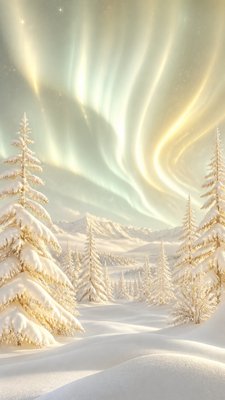 a snowy pine forest under the northern lights, no people