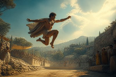 ancient greek athlete jumping midair
