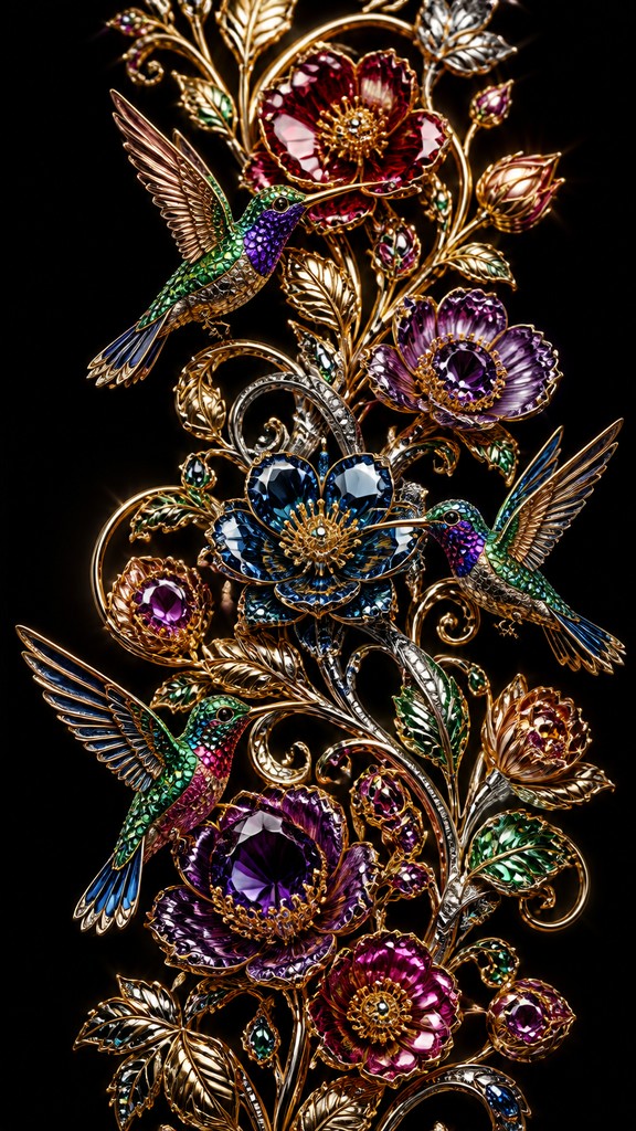 a climbing vine of flowers and hummingbirds on a dark background, tall wrapping composition, no text