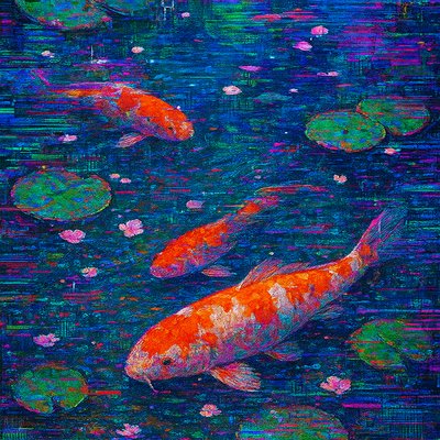 A koi pond seen from above, orange and white koi fish swimming among lily pads, clear water with subtle ripples, fallen cherry blossom petals floating on the surface, dappled sunlight
