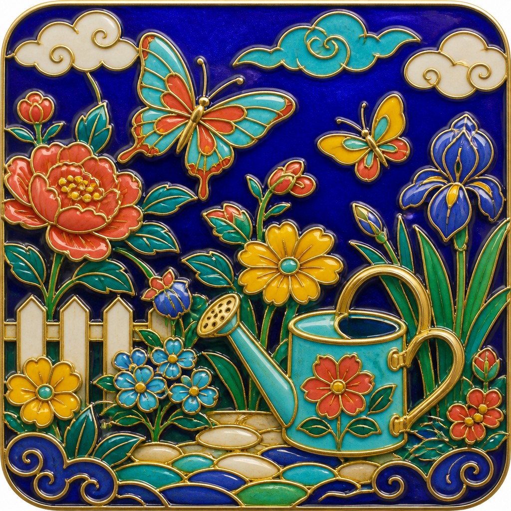 a garden scene with butterflies, flowers and a watering can, clean uncolored line art, no text