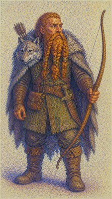 full-body original character: a dwarven ranger with a braided auburn beard, worn leather armor, a longbow and a wolf-pelt cloak, neutral background, no text