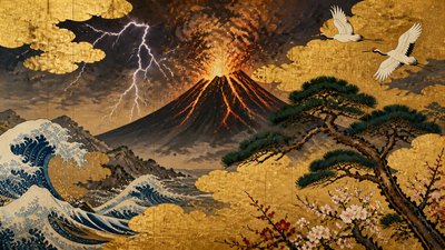 an erupting volcano with lightning strikes, dramatic wide composition, no text