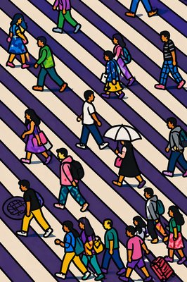 a group of people walking across a cross walk