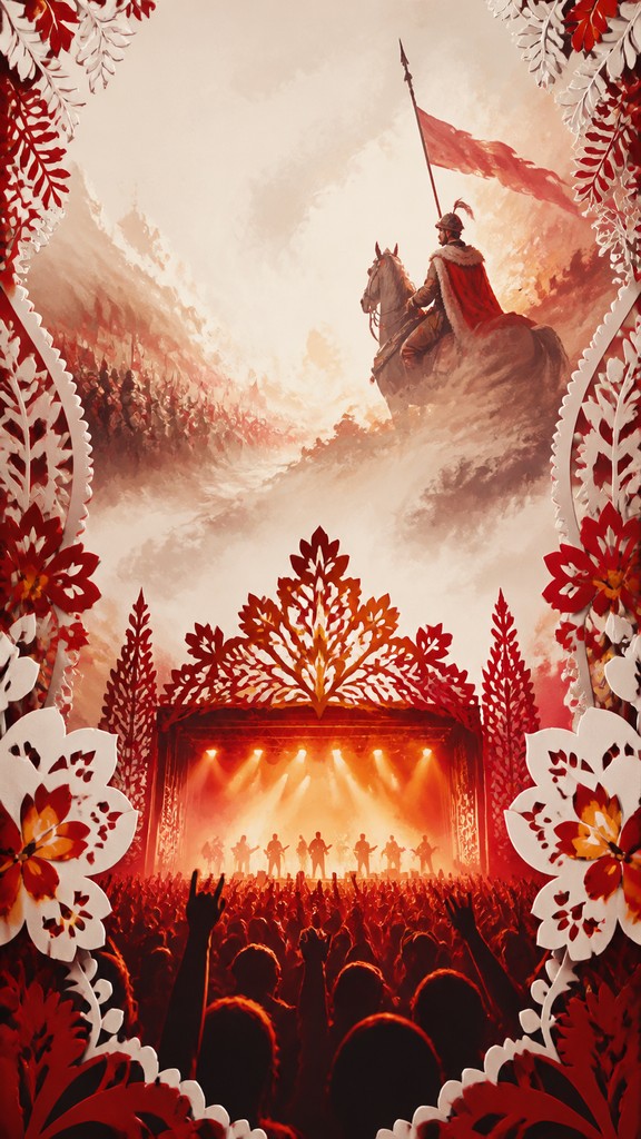 a live music scene with a glowing stage and silhouetted crowd, energetic vertical composition with open space at the top, no text