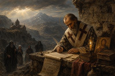 Saint John Chrysostom in old age writing in  exile on the mountains of Armenia