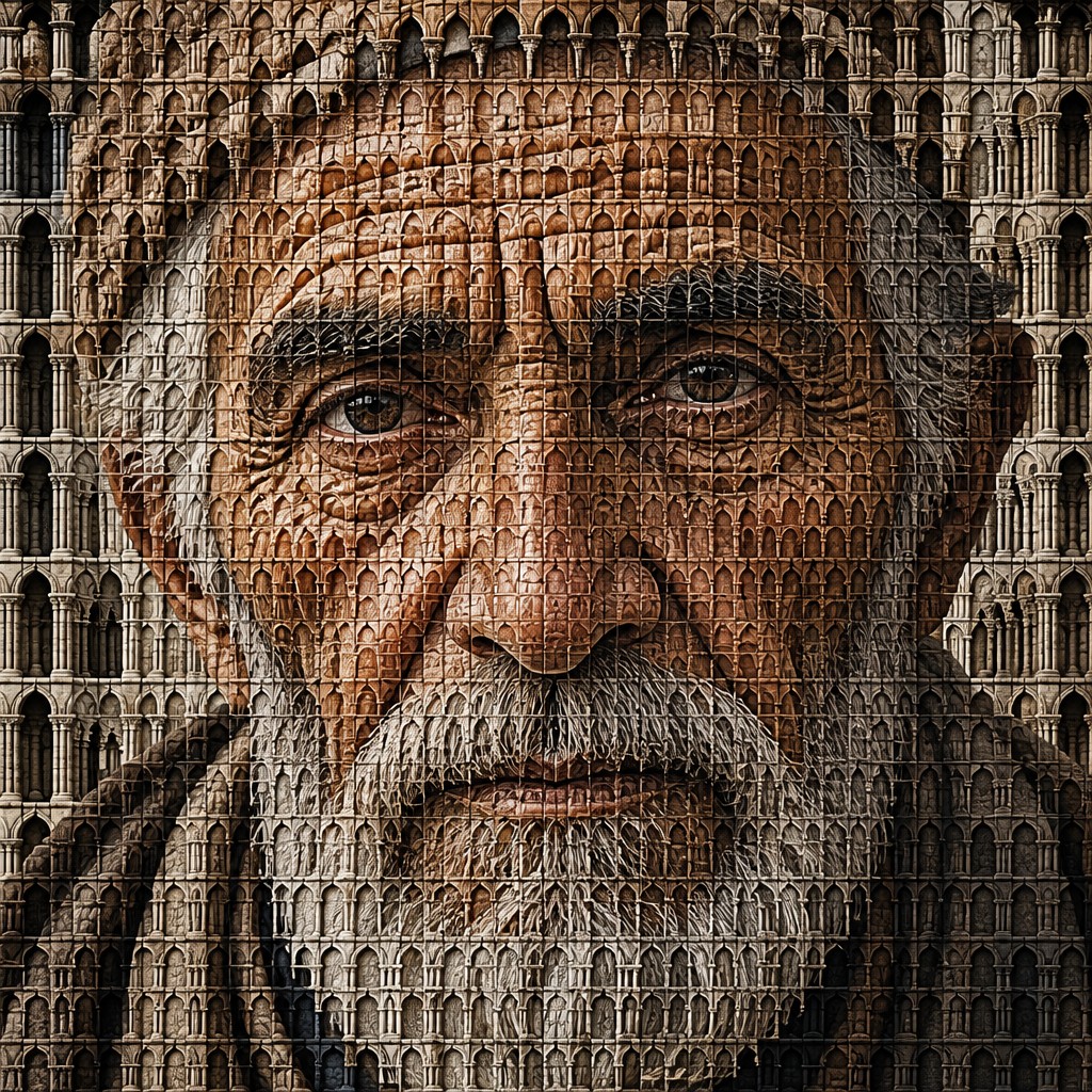close-up portrait of an elderly person with expressive weathered features — Rhythmic Repetition Art Style