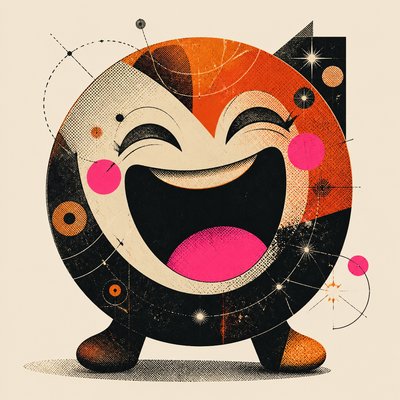 an exaggerated laughing face of an original round mascot character, bold and readable at small size, plain background, no text