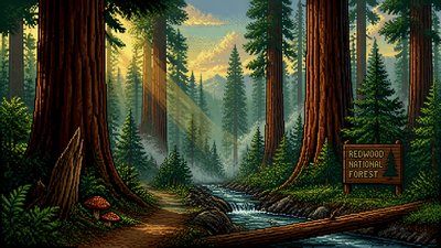 a panoramic redwood forest with light rays through mist, no people