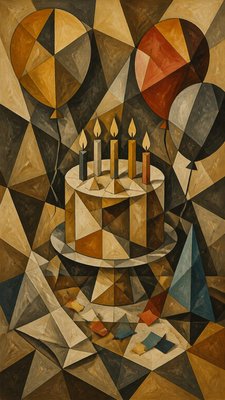 a birthday cake with lit candles surrounded by balloons and confetti, festive vertical composition, no text