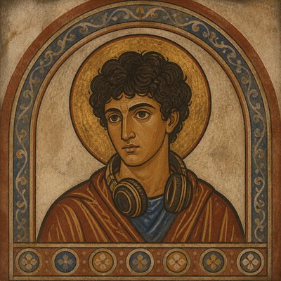 head-and-shoulders portrait of an original character: a young man with curly dark hair and headphones around his neck, plain backdrop, no text