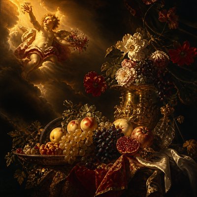 still life arrangement of fruits and flowers