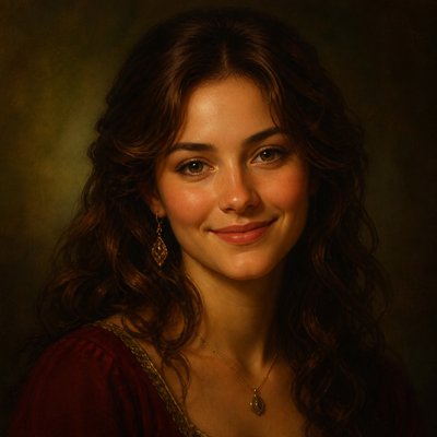 head-and-shoulders portrait of an original character: a young woman with wavy chestnut hair and a warm smile, plain soft backdrop
