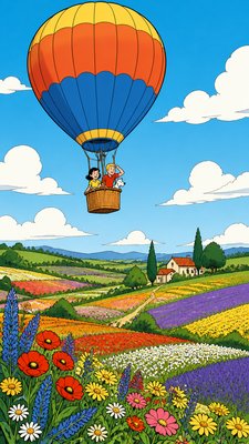 a hot air balloon drifting over rolling flower fields on a sunny day, cheerful, no text