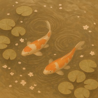 A koi pond seen from above, orange and white koi fish swimming among lily pads, clear water with subtle ripples, fallen cherry blossom petals floating on the surface, dappled sunlight