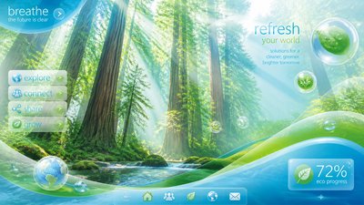 a panoramic redwood forest with light rays through mist, no people