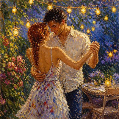 an original couple dancing under string lights in a garden at dusk: a man with short black hair in a linen shirt and a woman with braided red hair in a summer dress