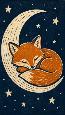 a sleeping baby fox curled on a crescent moon among soft stars, gentle and warm, no text