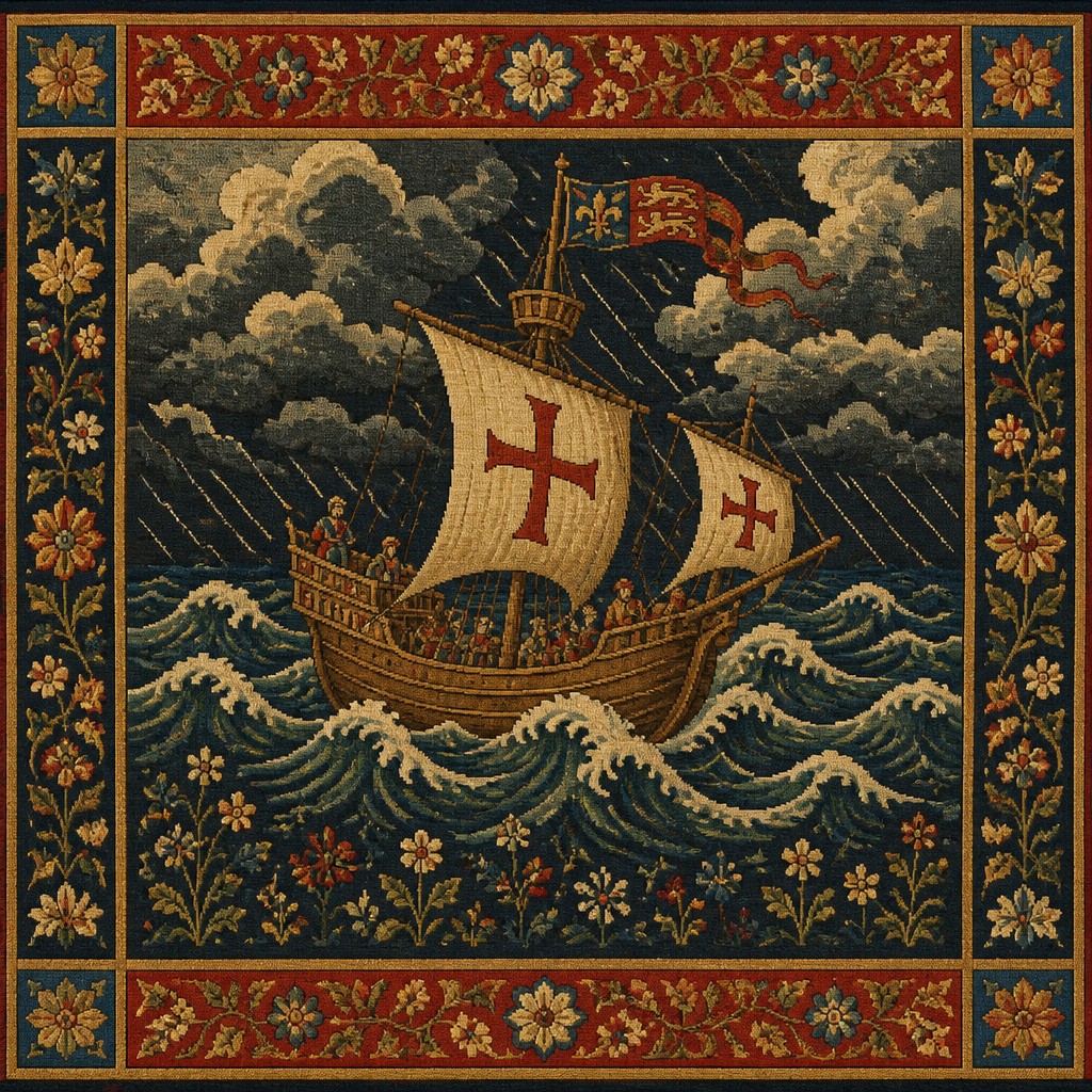 sailing ship on a stormy sea — Woven Tapestry Art Style