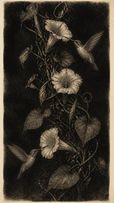a climbing vine of flowers and hummingbirds on a dark background, tall wrapping composition, no text
