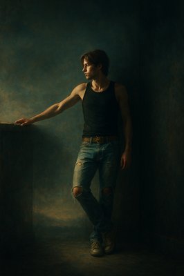 a man in a tank top leaning against a wall