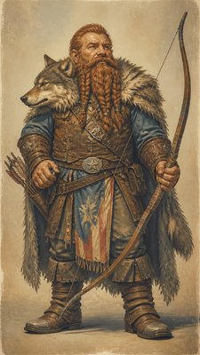 full-body original character: a dwarven ranger with a braided auburn beard, worn leather armor, a longbow and a wolf-pelt cloak, neutral background, no text